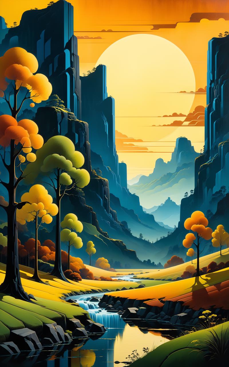 05604-3948574899-Create a painting of the base image landscape in the style of Eyvind Earle, complex background, medium_ old film grain, tetradic.png